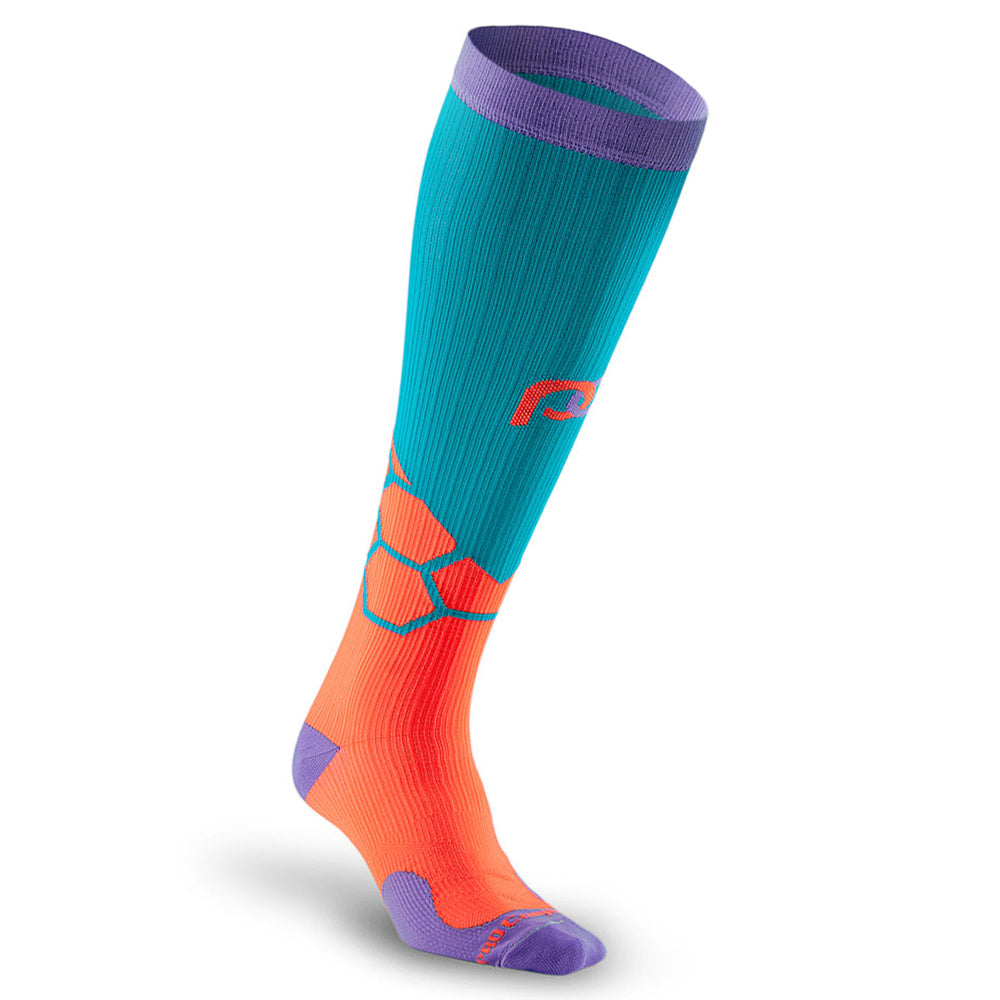 Orange BOOM design in PRO Compression knee high compression socks. Bright orange and teal design with lavender cuff, toe and heel boxes.