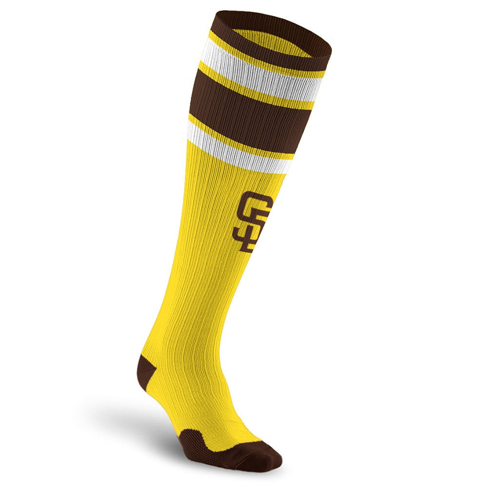 Man wearing PRO Compression Major League Baseball Knee High Compression Sock Genuine MLB Merchandise Sock San Diego Padres